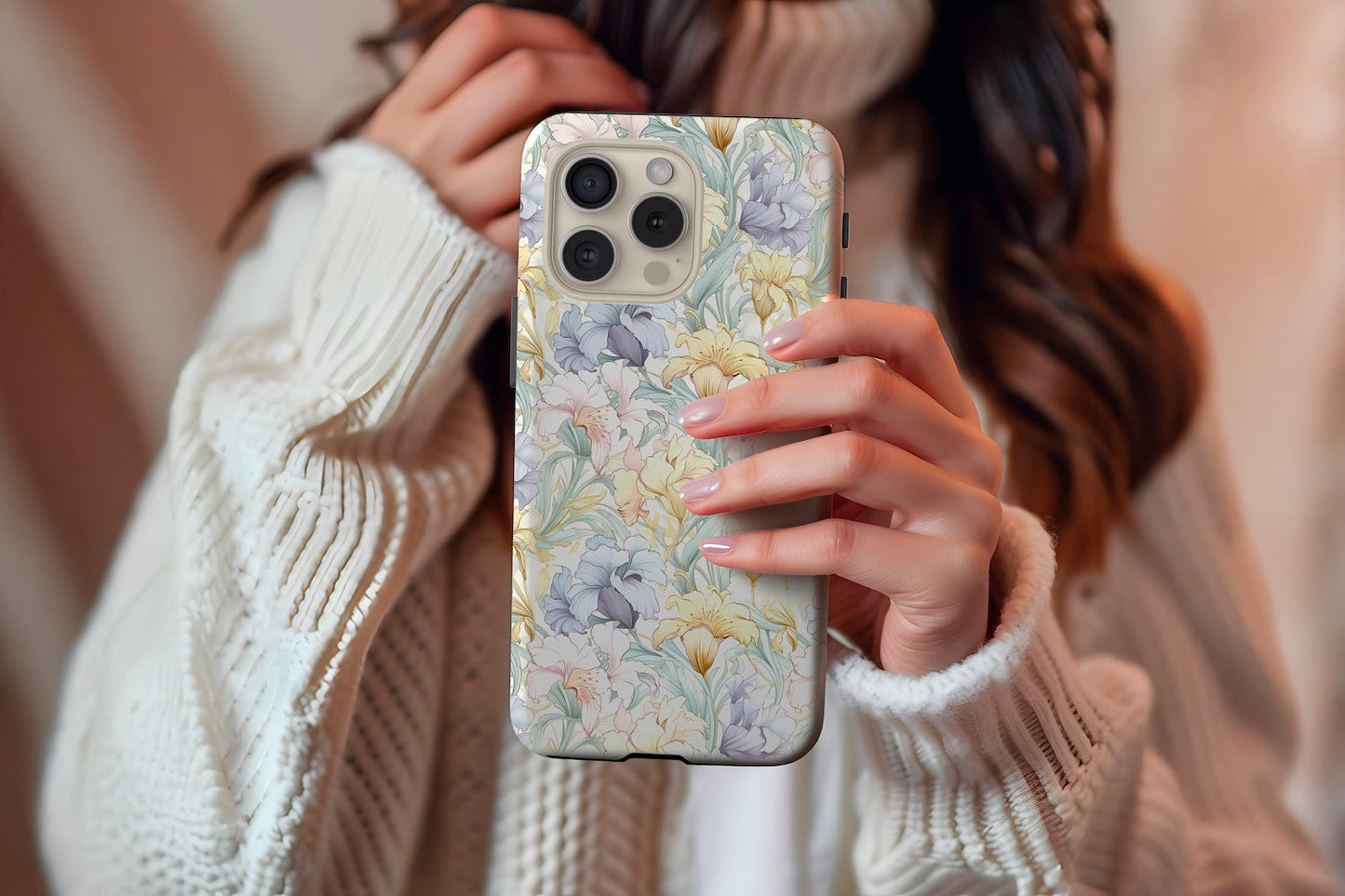 A cute girl holding our Pastel Dream design phone case