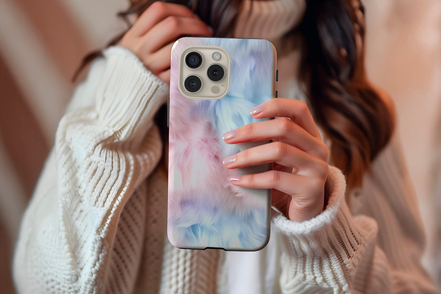 A cute girl holding our Pastel Floof design phone case