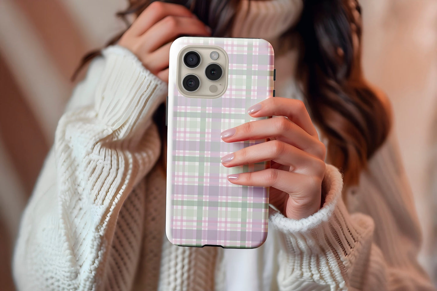 A cute girl holding our Spring Check design phone case