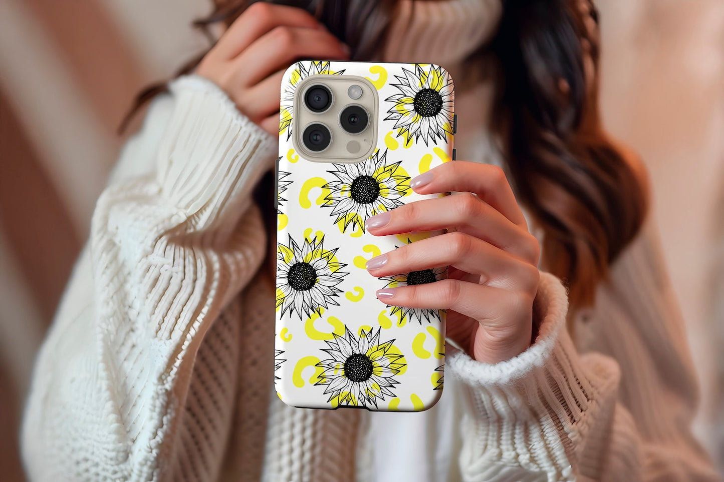 A cute girl holding our Sunflowers design phone case