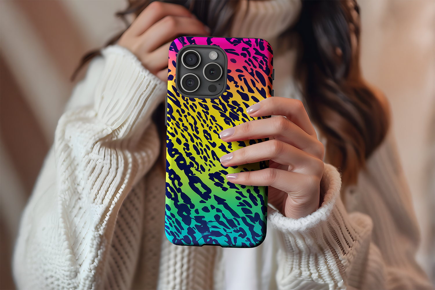 A cute girl holding our Animal Control design phone case