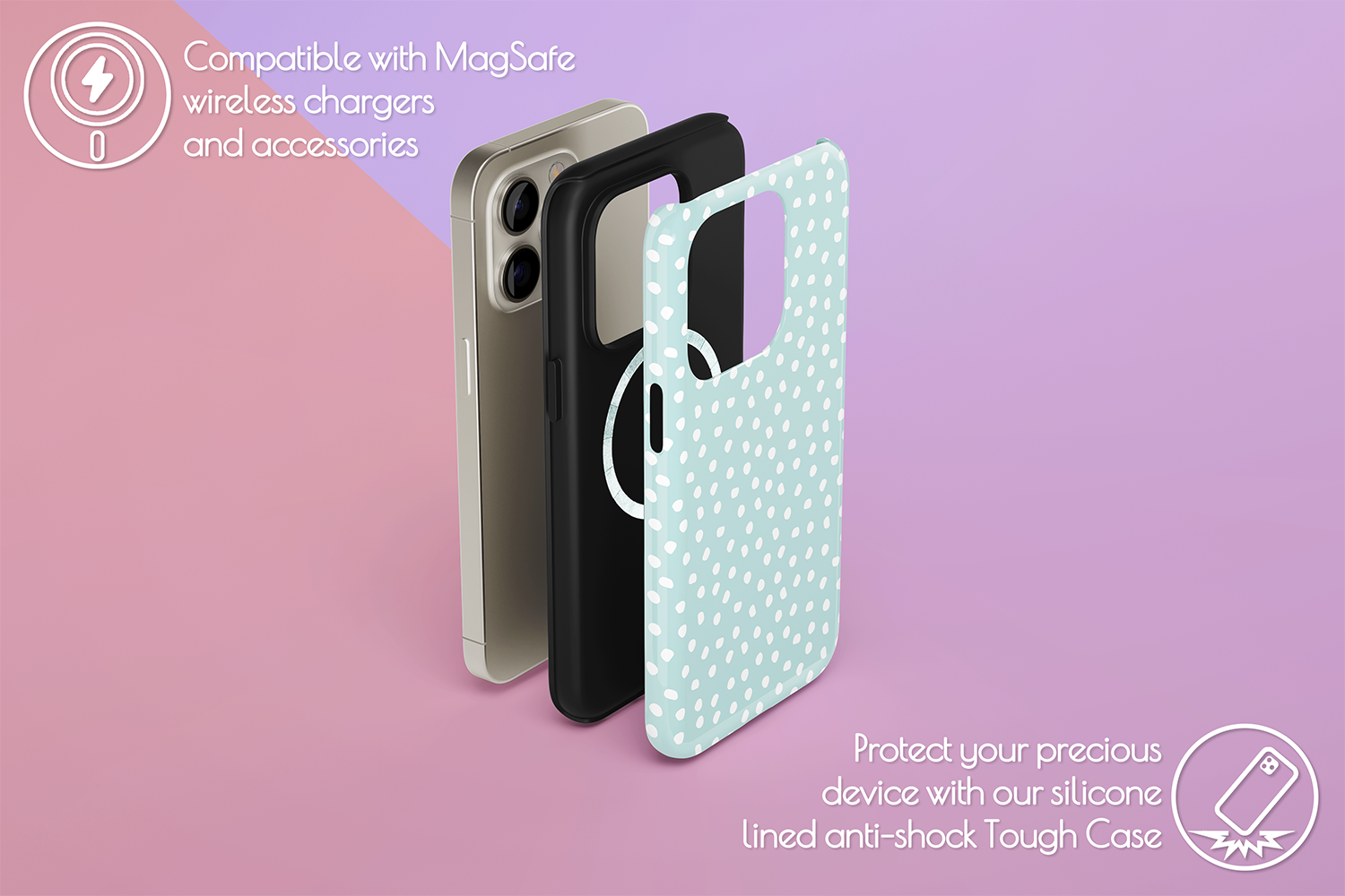 An example of our Magsafe compatible phone case with our Aqua Dots design