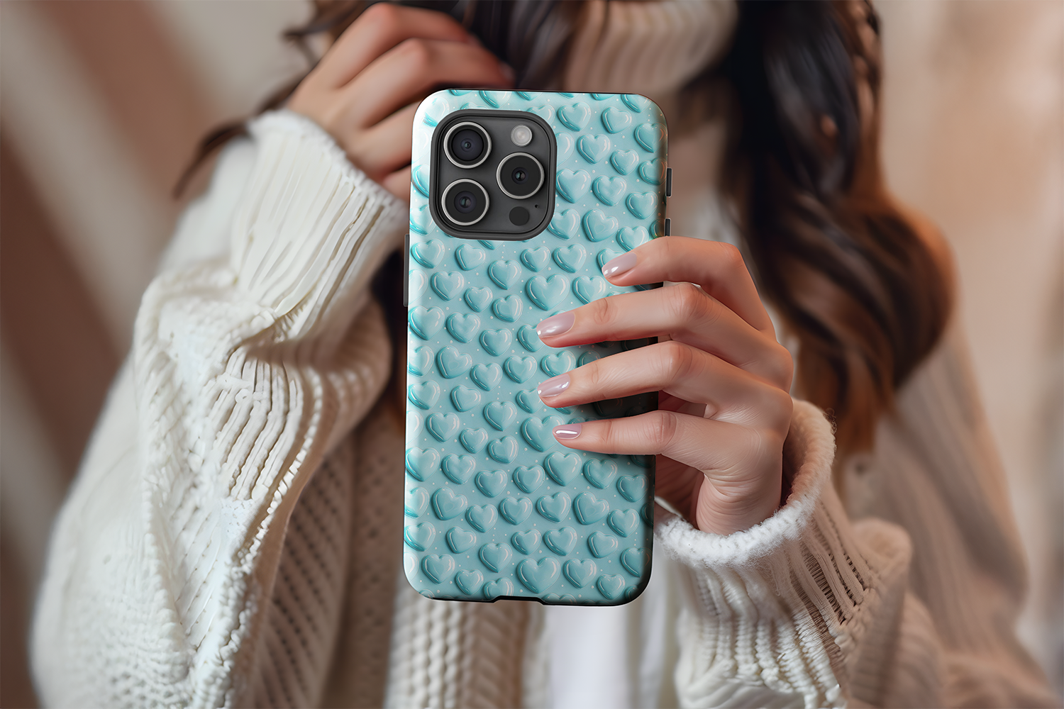 A cute girl holding our Aqua Love design phone case
