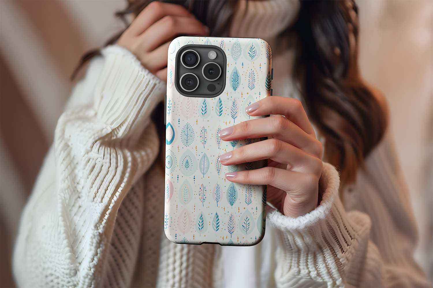 A cute girl holding our Bohemian Leaf design phone case