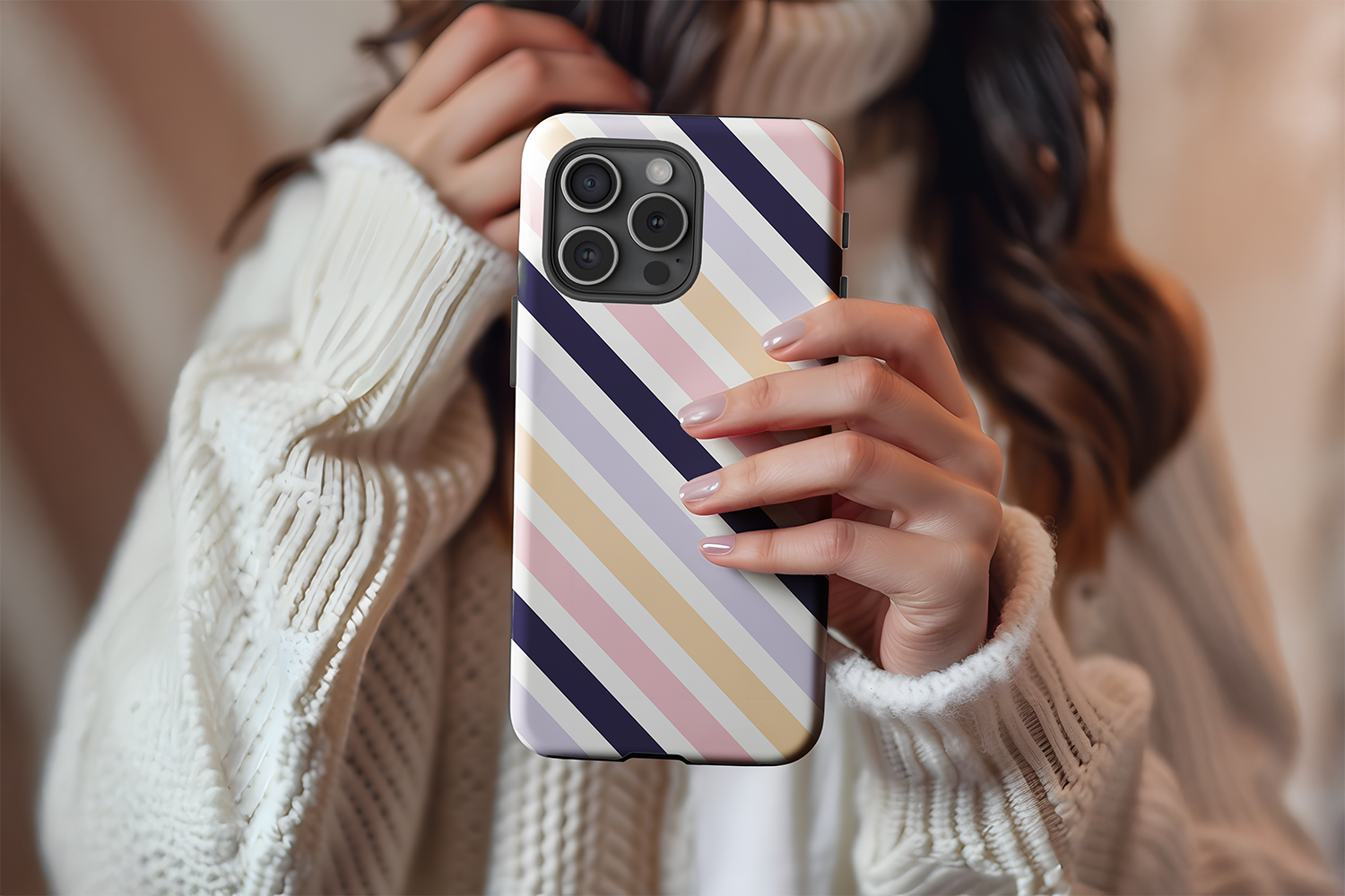 A cute girl holding our Boss Stripe design phone case