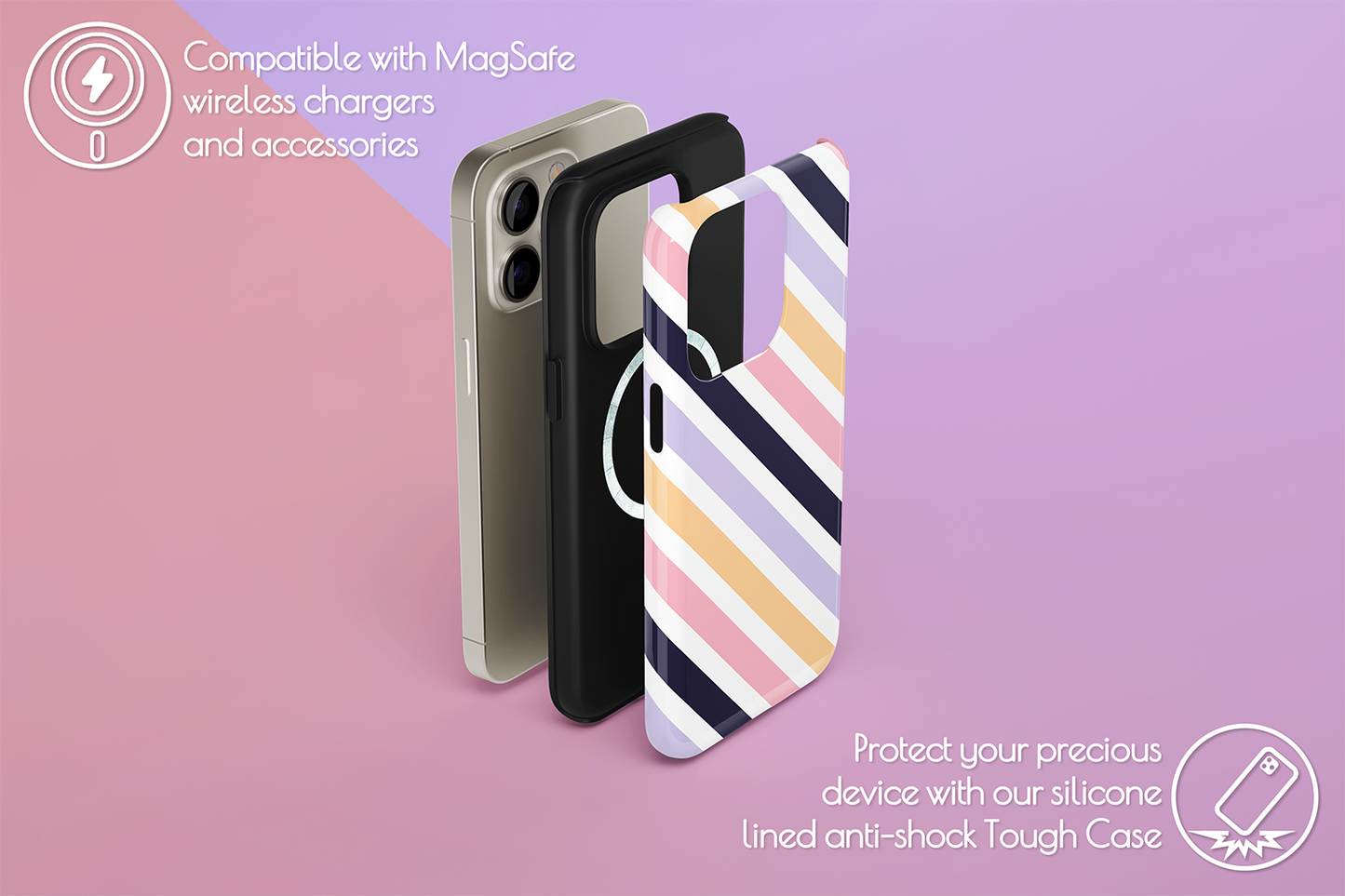 An example of our Magsafe compatible phone case with our Boss Stripe design