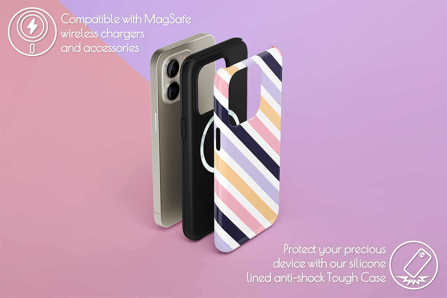 An example of our Magsafe compatible phone case with our Boss Stripe design