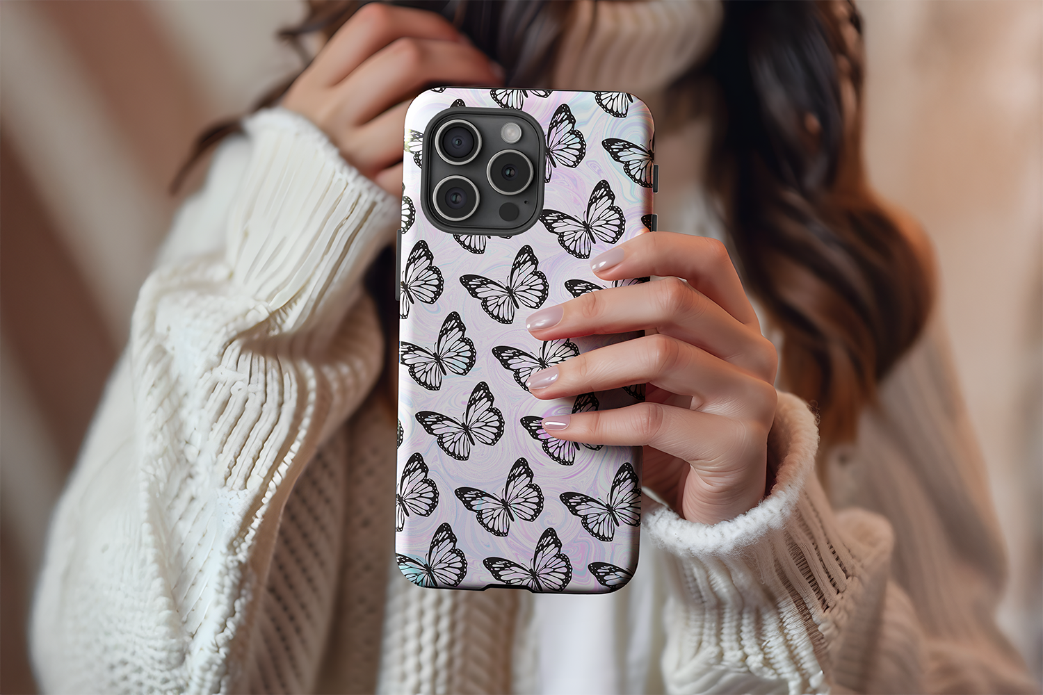 A cute girl holding our Butterfly design phone case