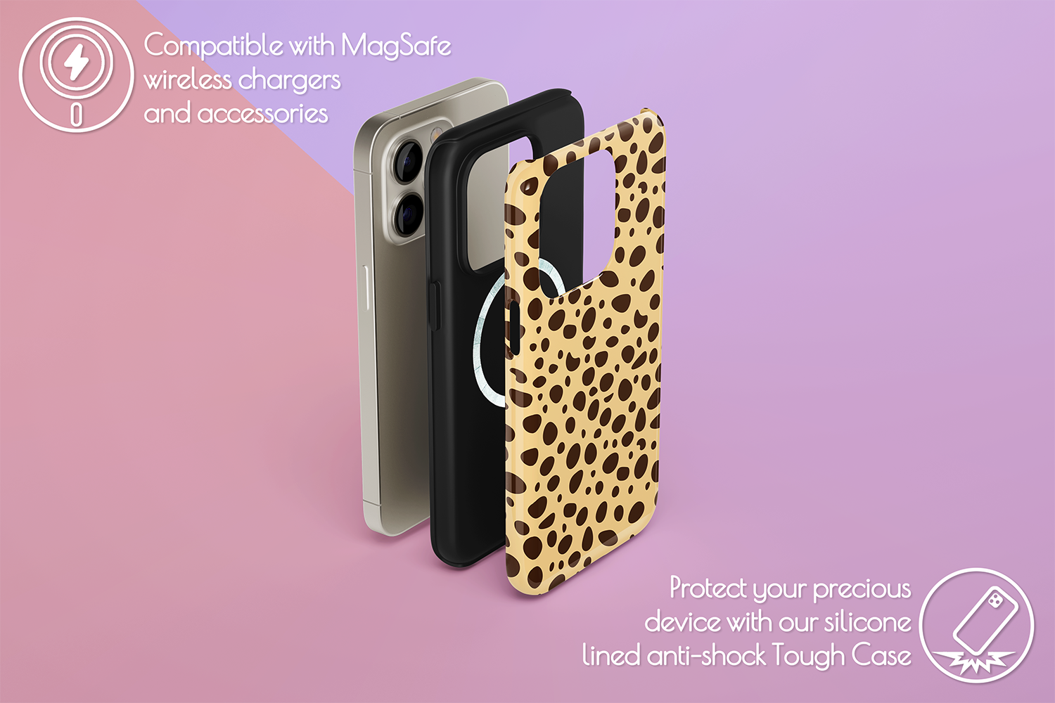 An example of our Magsafe compatible phone case with our Cheetah Cheetah design