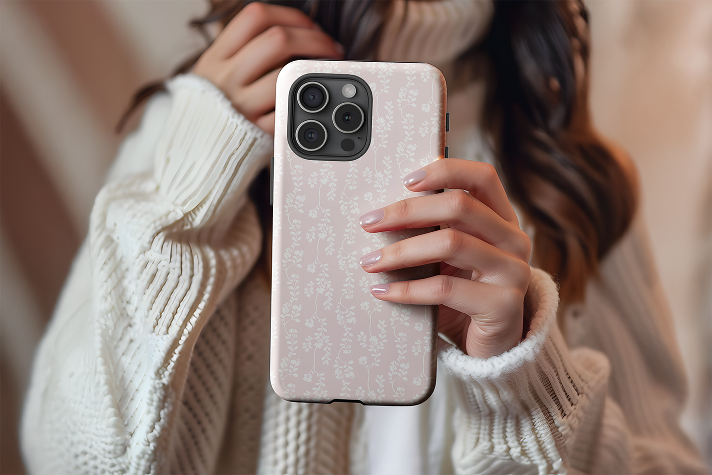 A cute girl holding our Elegant Floral design phone case