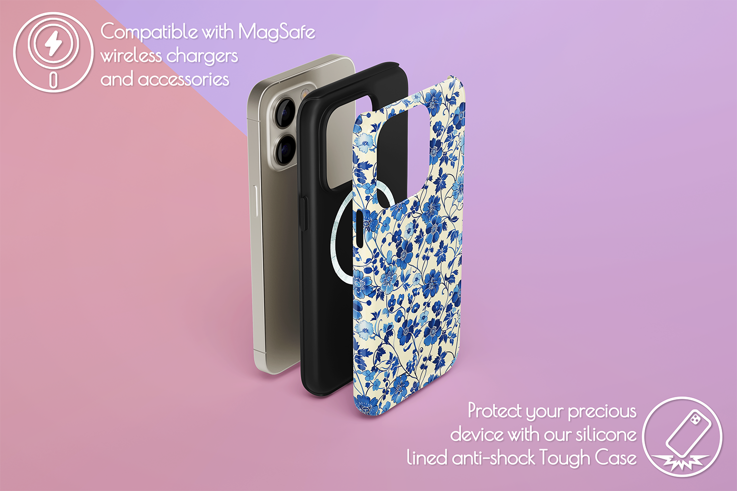 An example of our Magsafe compatible phone case with our Floral Blues design