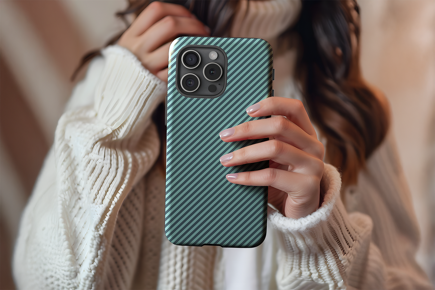 A cute girl holding our Green Stripe design phone case