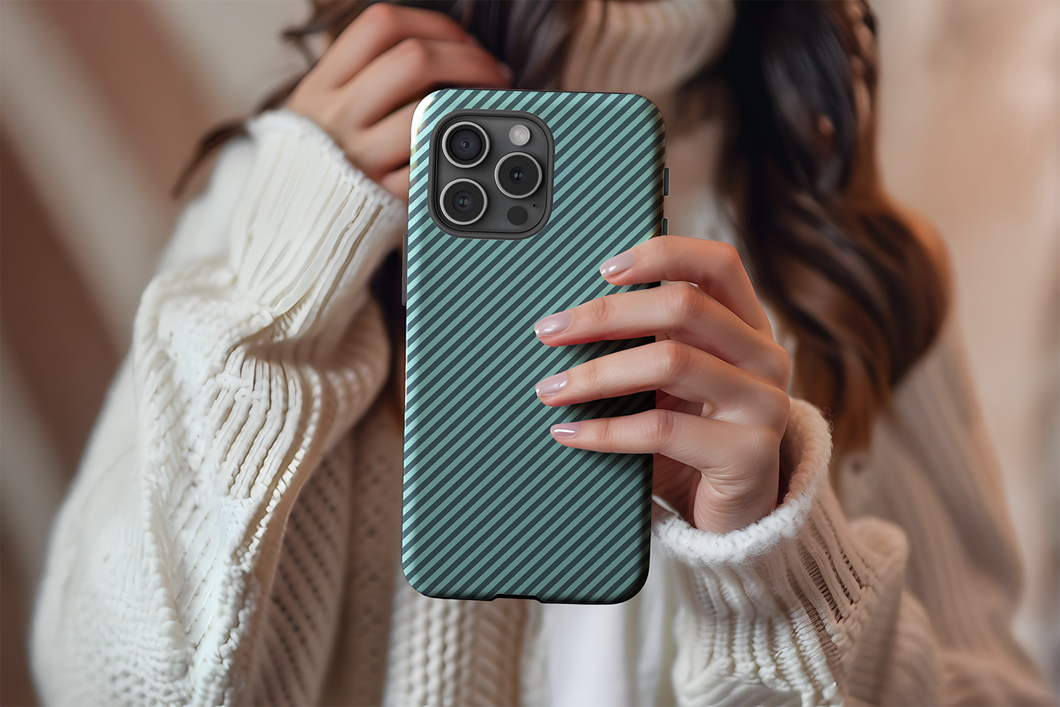 A cute girl holding our Green Stripe design phone case