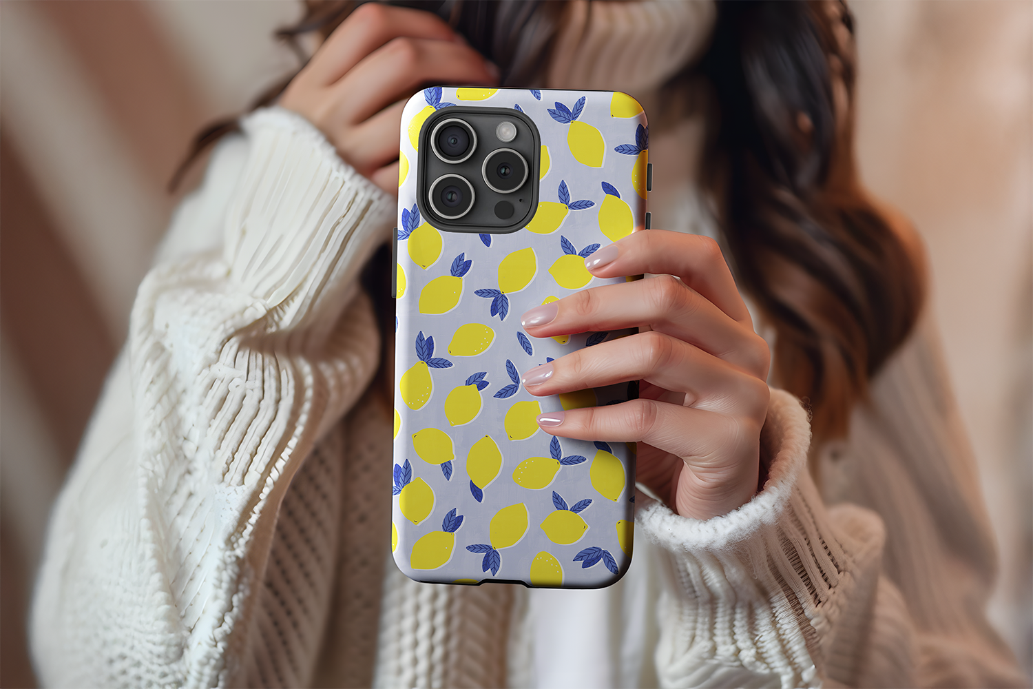 A cute girl holding our Lemon Drop design phone case