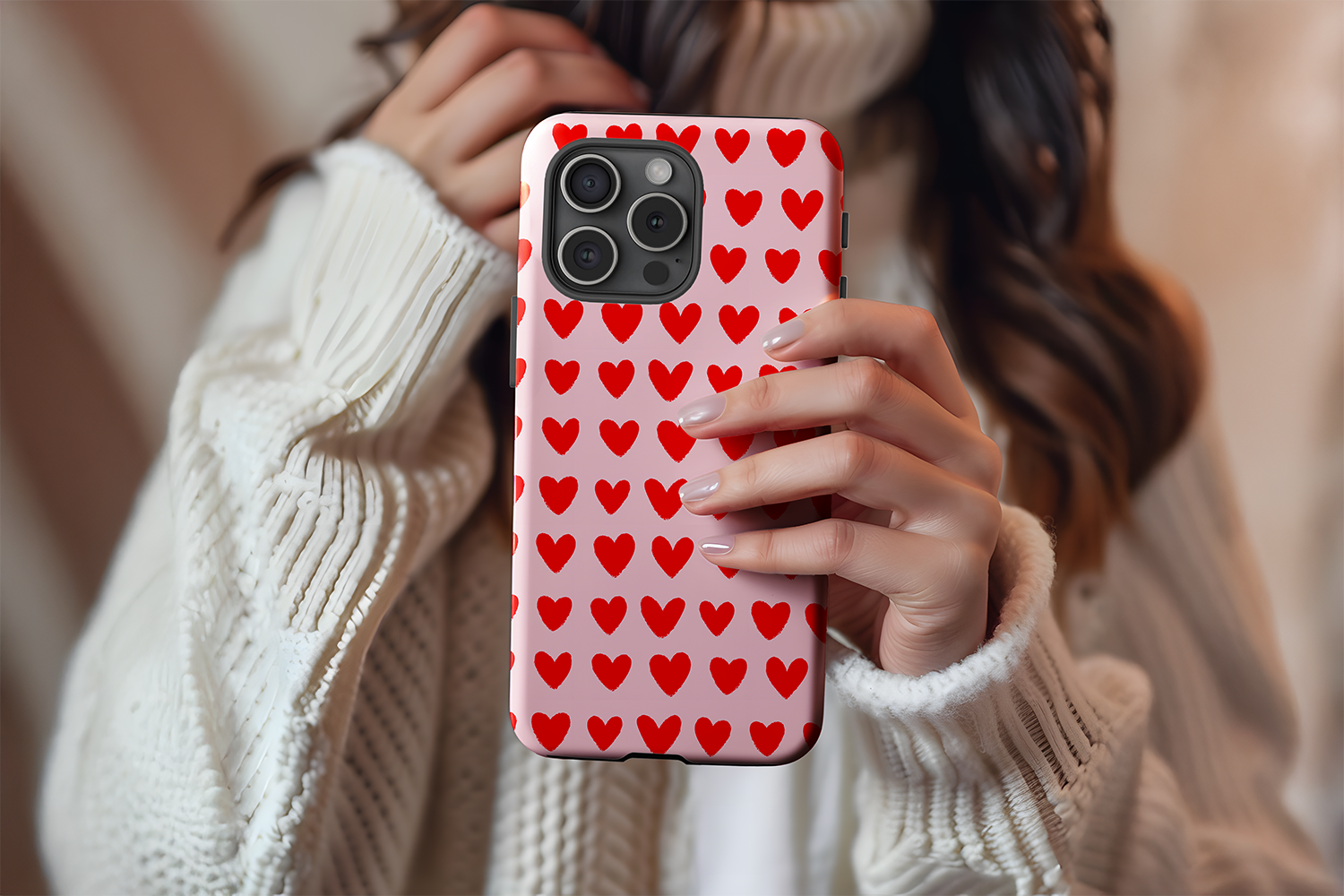 A cute girl holding our Love design phone case