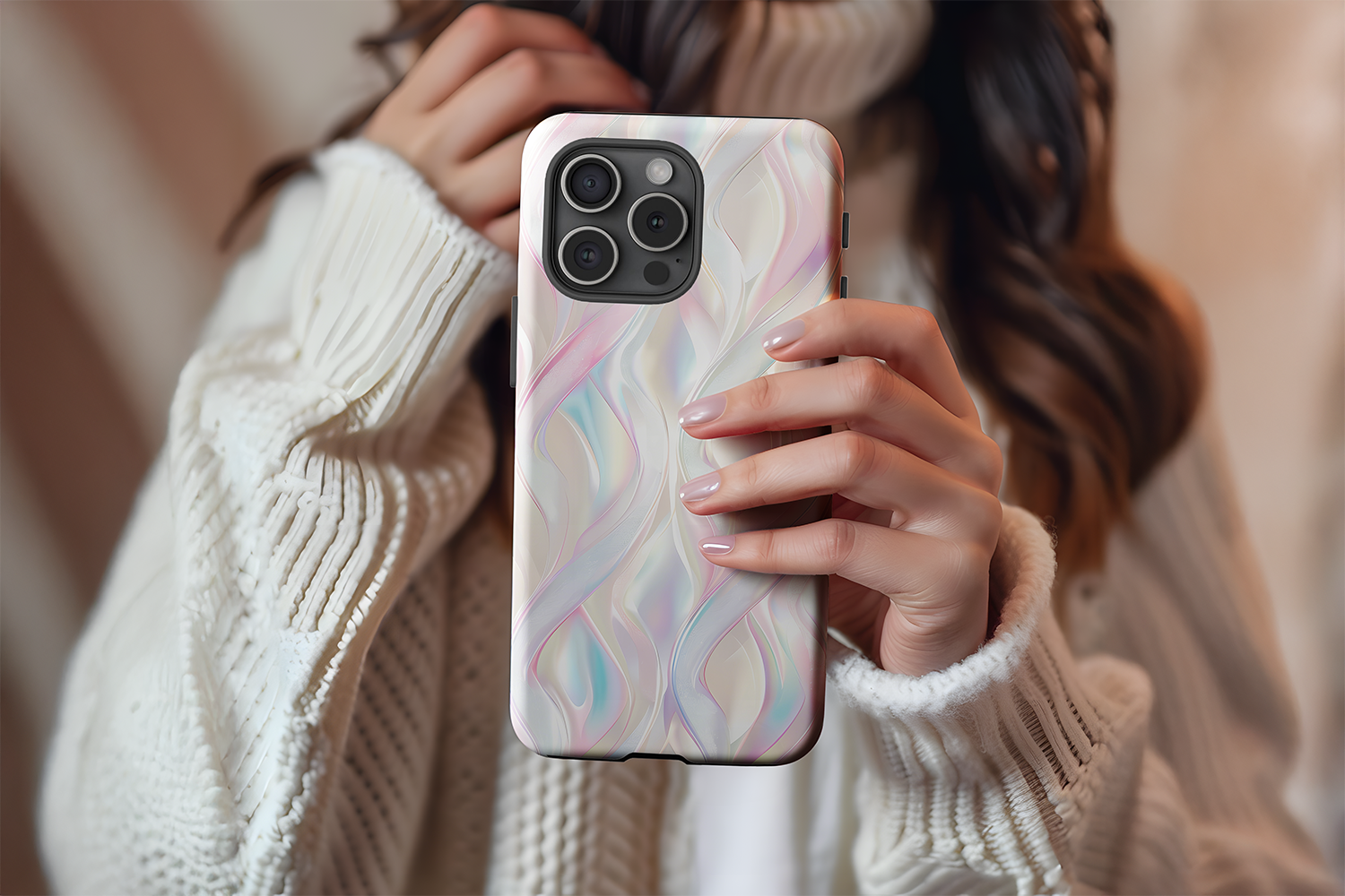 A cute girl holding our Lucid Dream design phone case