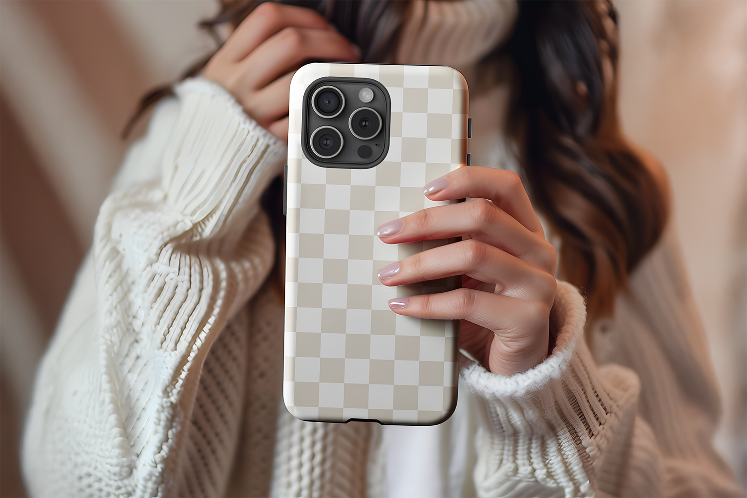 A cute girl holding our Neutral Checkerboard design phone case