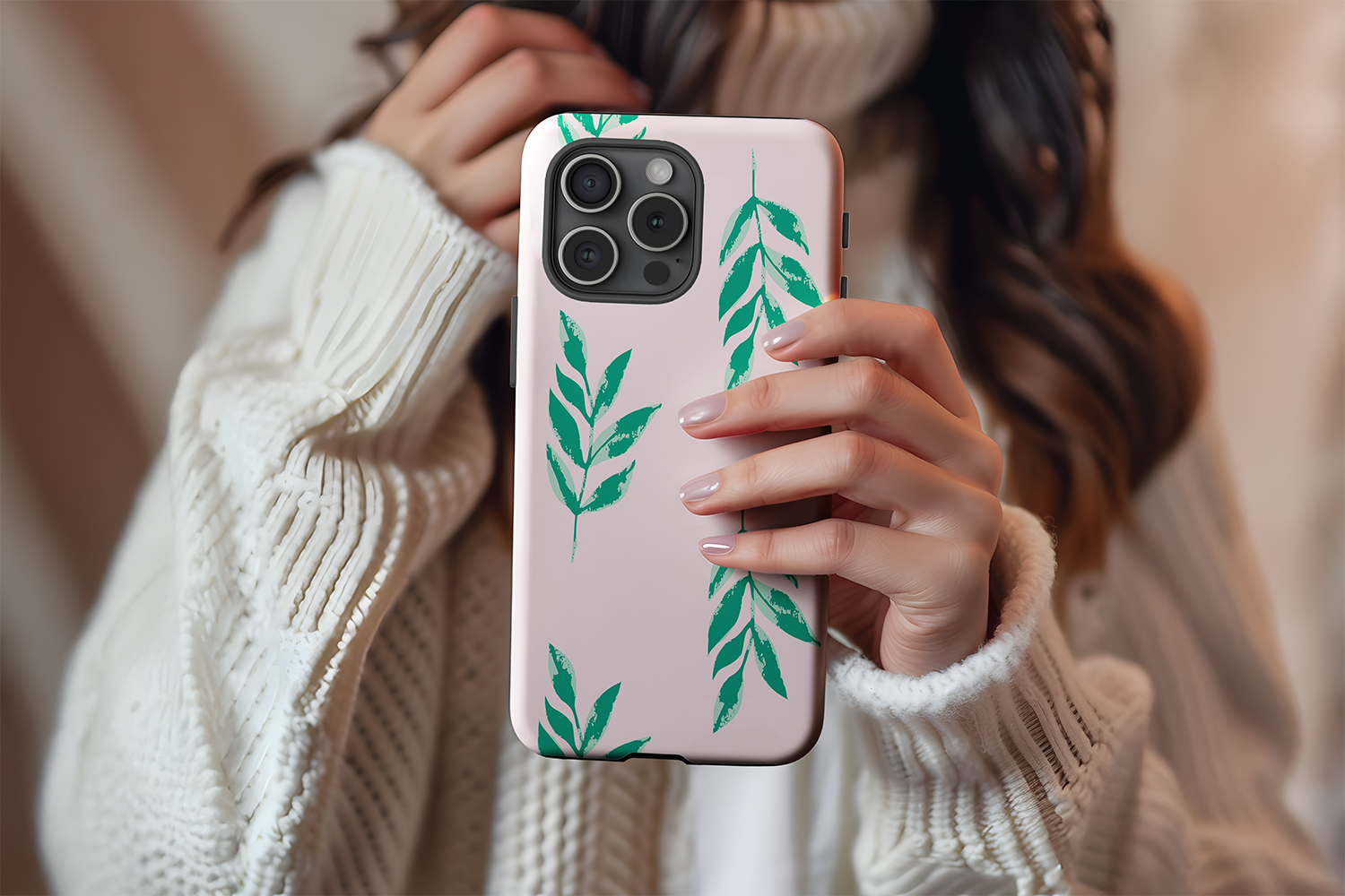 A cute girl holding our Palm Leaf design phone case