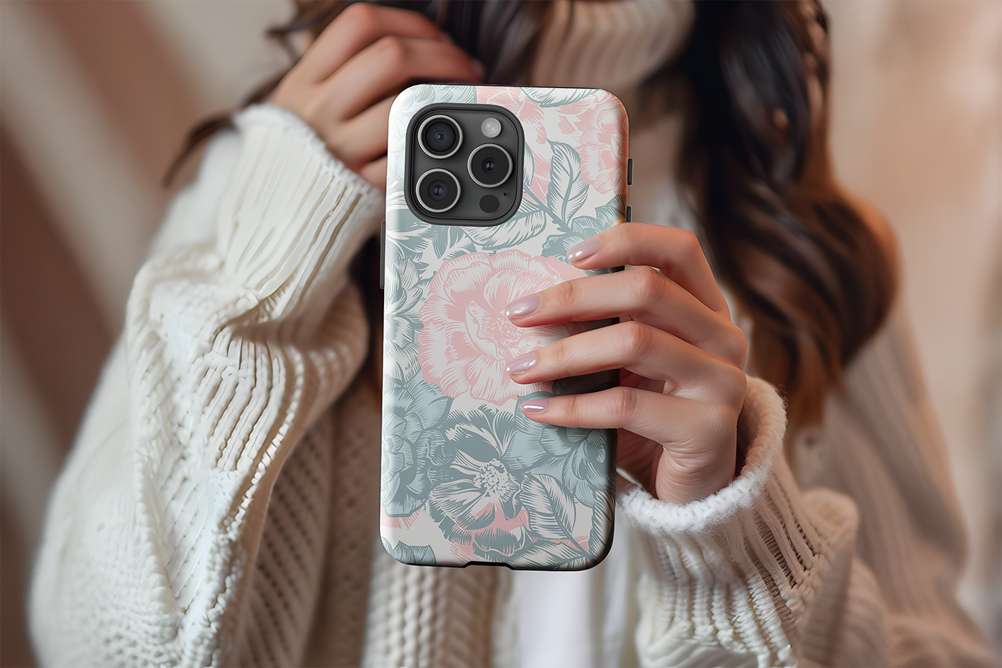 A cute girl holding our Pastel Floral design phone case
