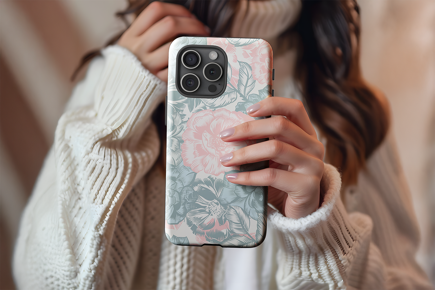 A cute girl holding our Pastel Floral design phone case