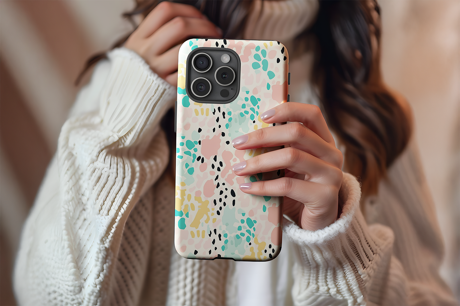 A cute girl holding our Pastel Rascal design phone case