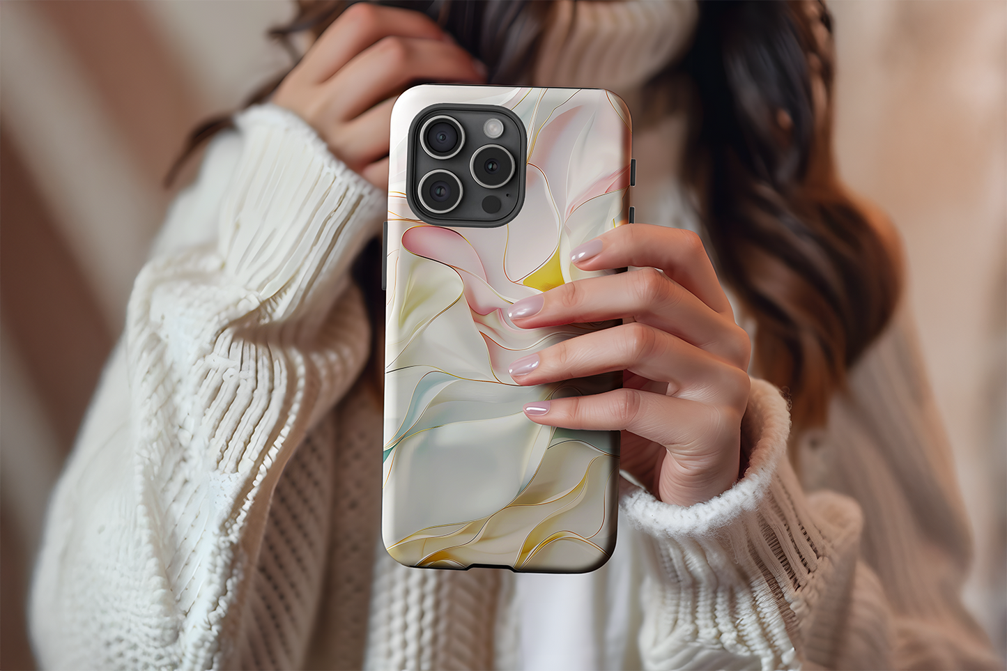 A cute girl holding our Petal Pastel design phone case