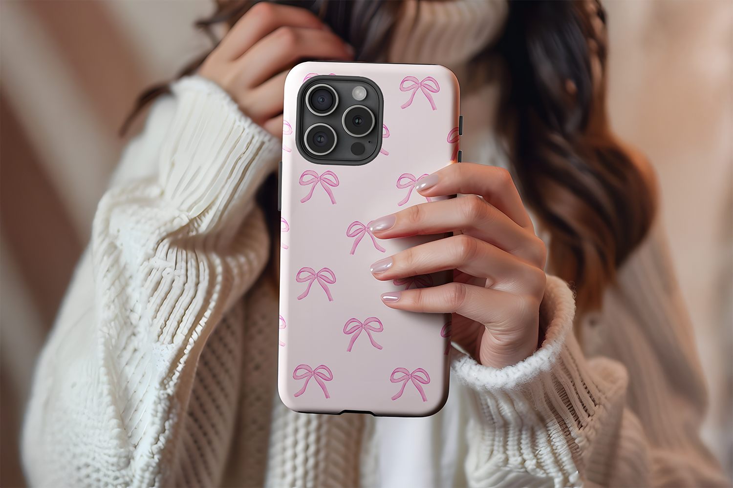 A cute girl holding our Pink Bows design phone case
