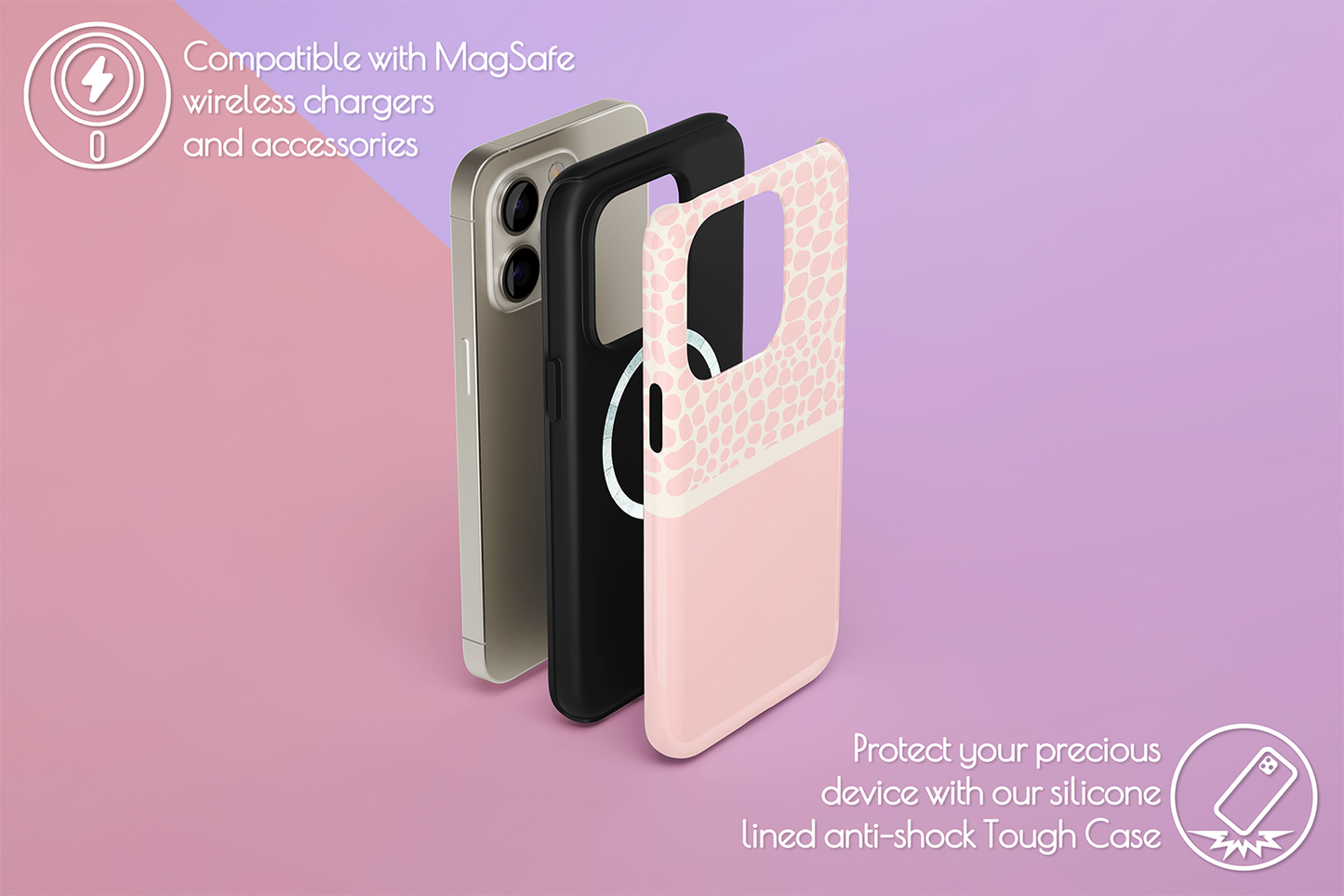 An example of our Magsafe compatible phone case with our Pink Pebble design