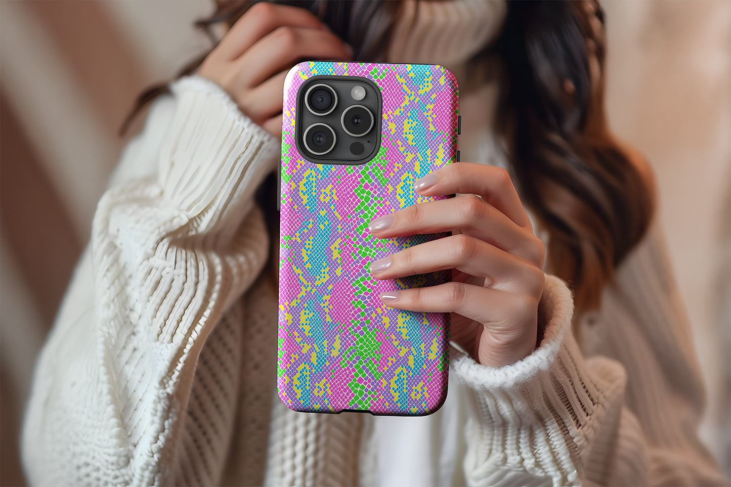 A cute girl holding our Punky Lizard design phone case