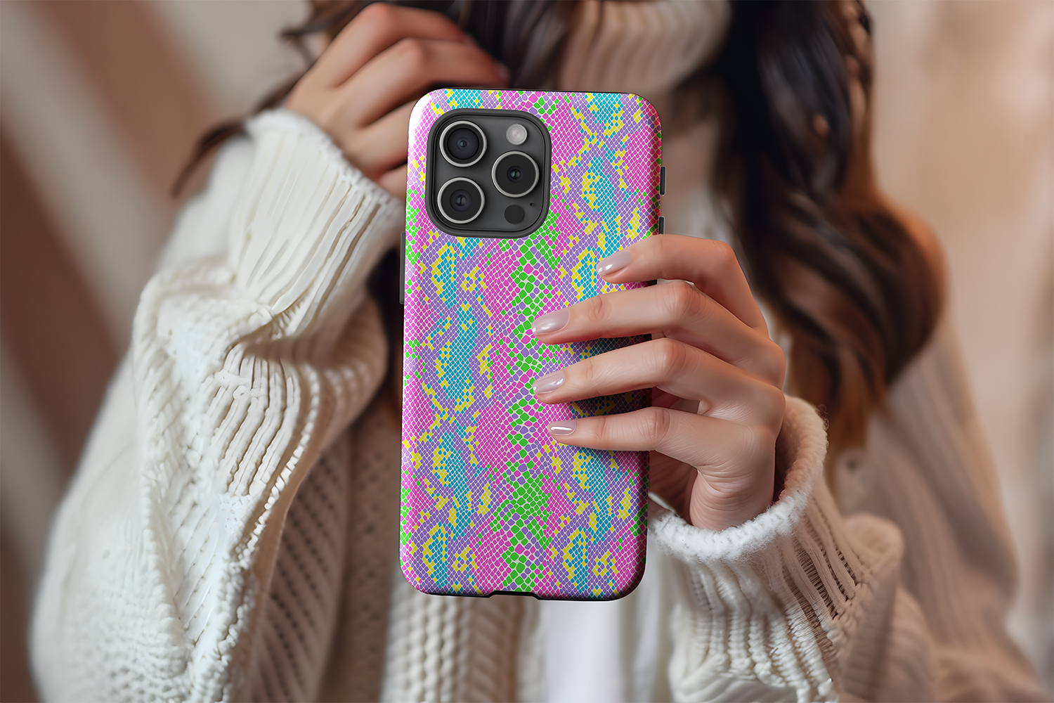 A cute girl holding our Punky Lizard design phone case