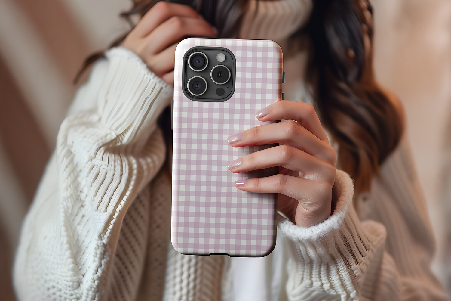 A cute girl holding our Purple Gingham design phone case