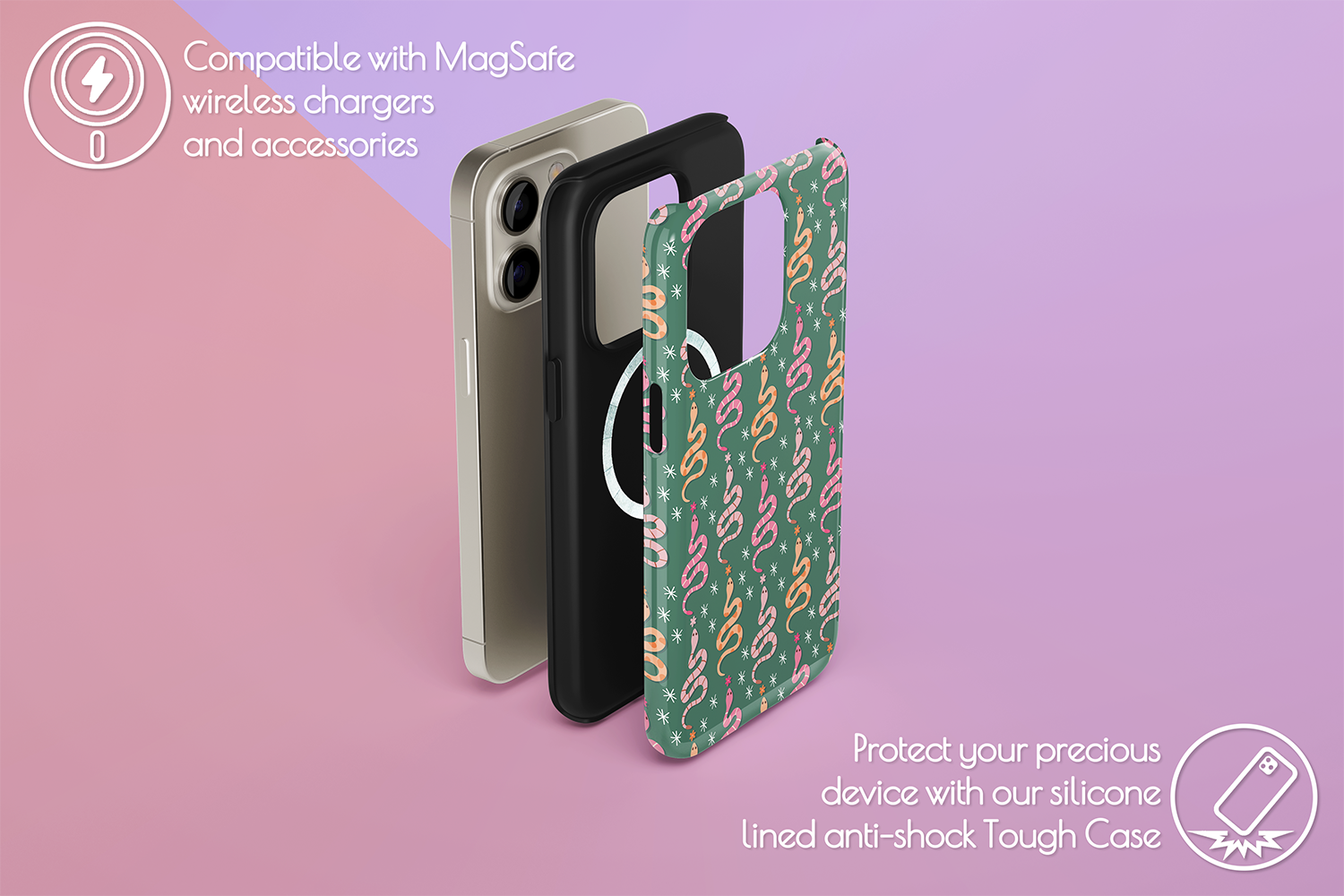 An example of our Magsafe compatible phone case with our Sneaky Snakes design