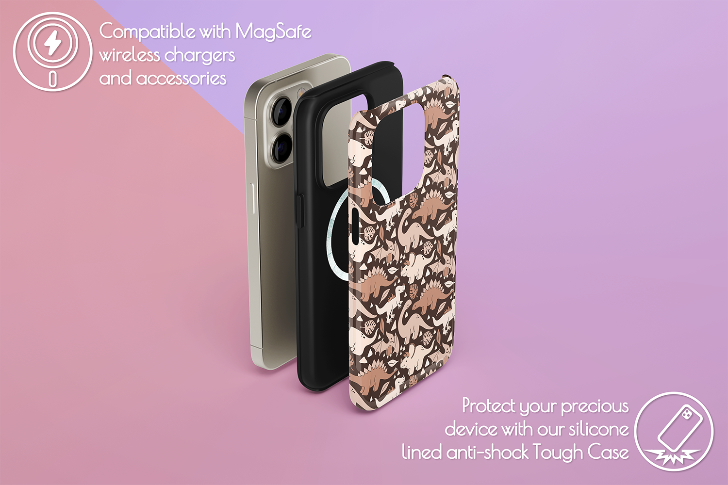 An example of our Magsafe compatible phone case with our Subtle Dino design