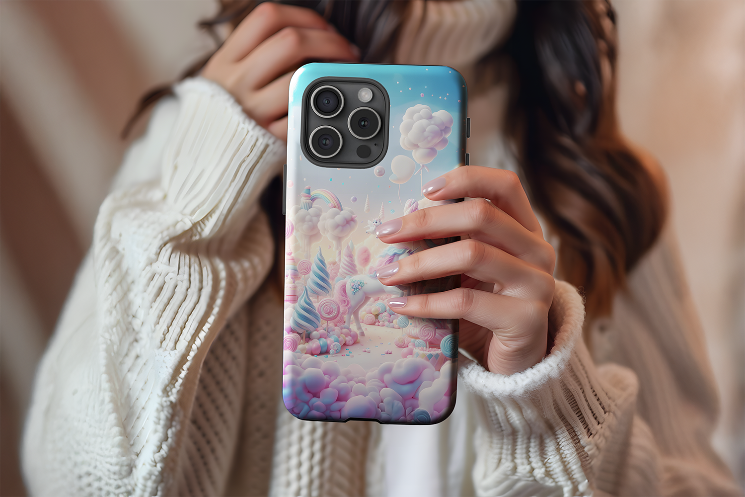A cute girl holding our Unicorn Dream design phone case