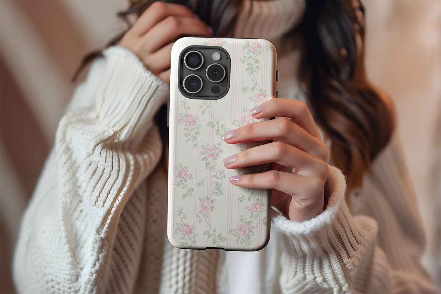 A cute girl holding our Vintage Rose design phone case