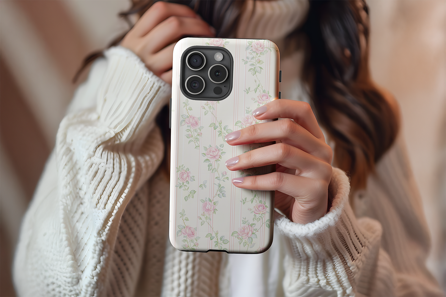 A cute girl holding our Vintage Rose design phone case