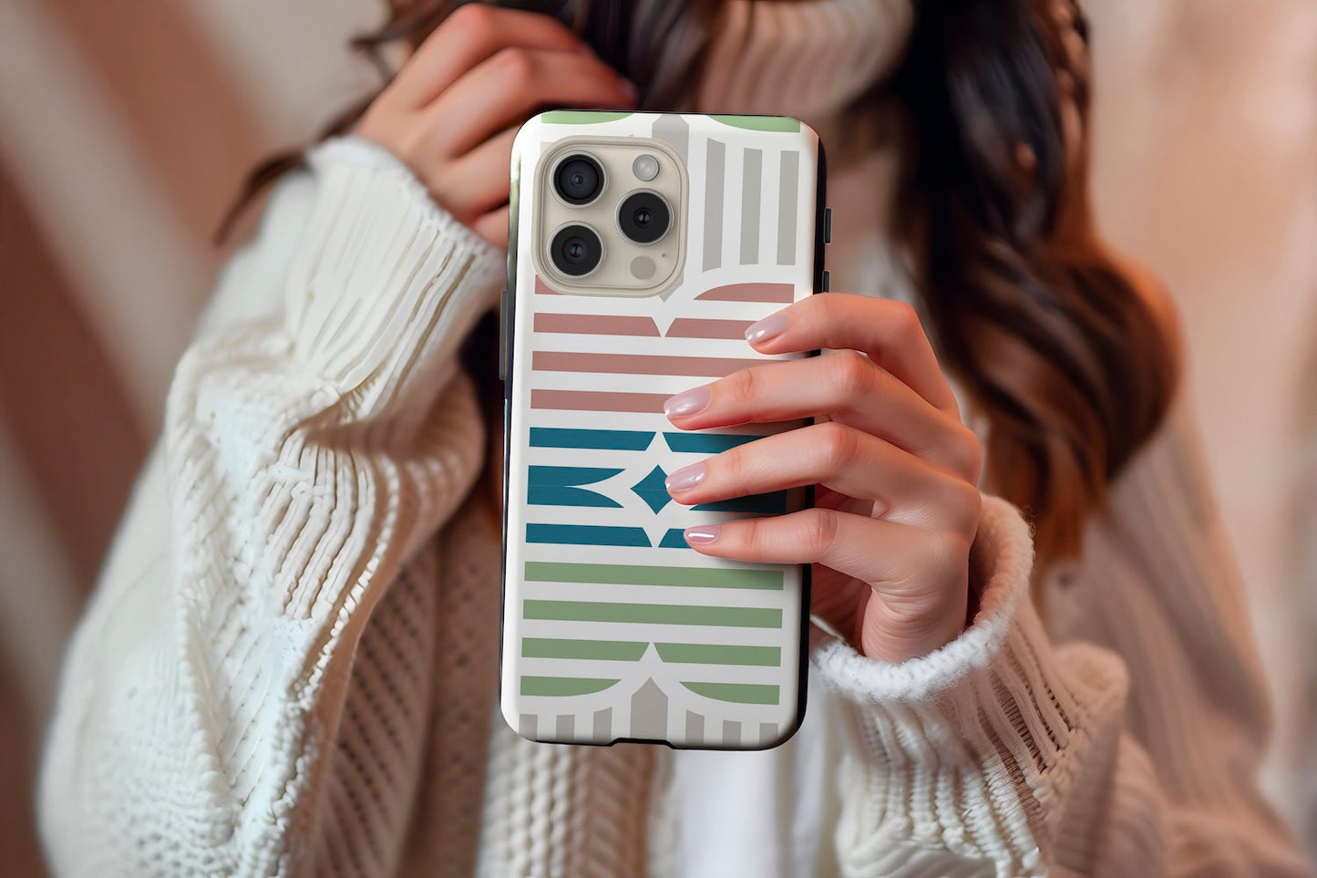 A cute girl holding our Abstract Geo design phone case