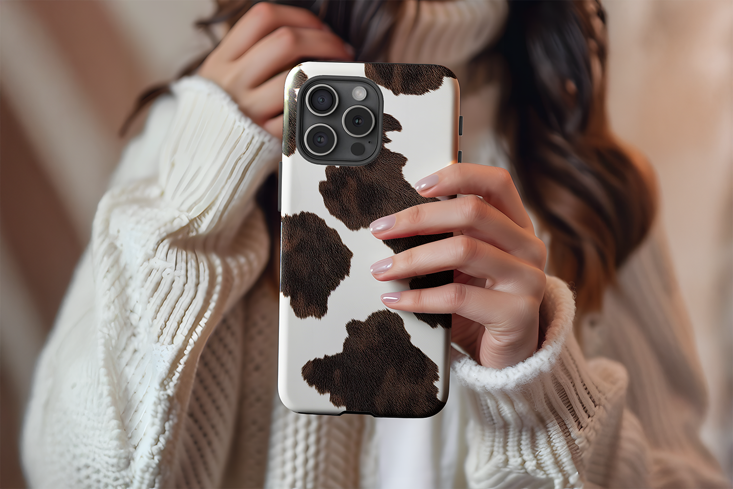 A cute girl holding our Cow Hide design phone case