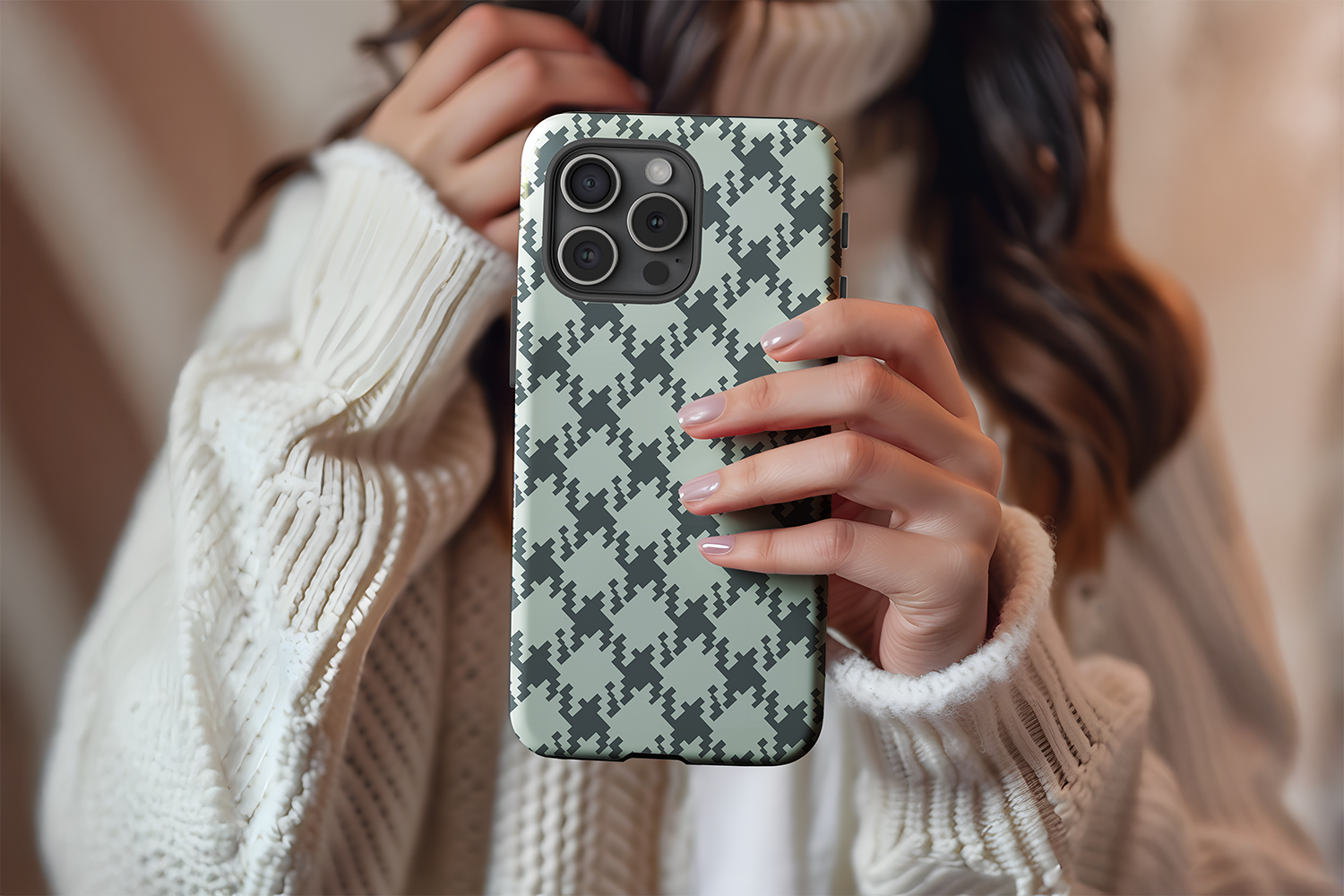 A cute girl holding our Green Check design phone case