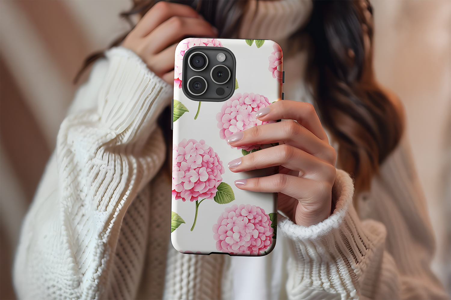 A cute girl holding our Hydrangeas design phone case