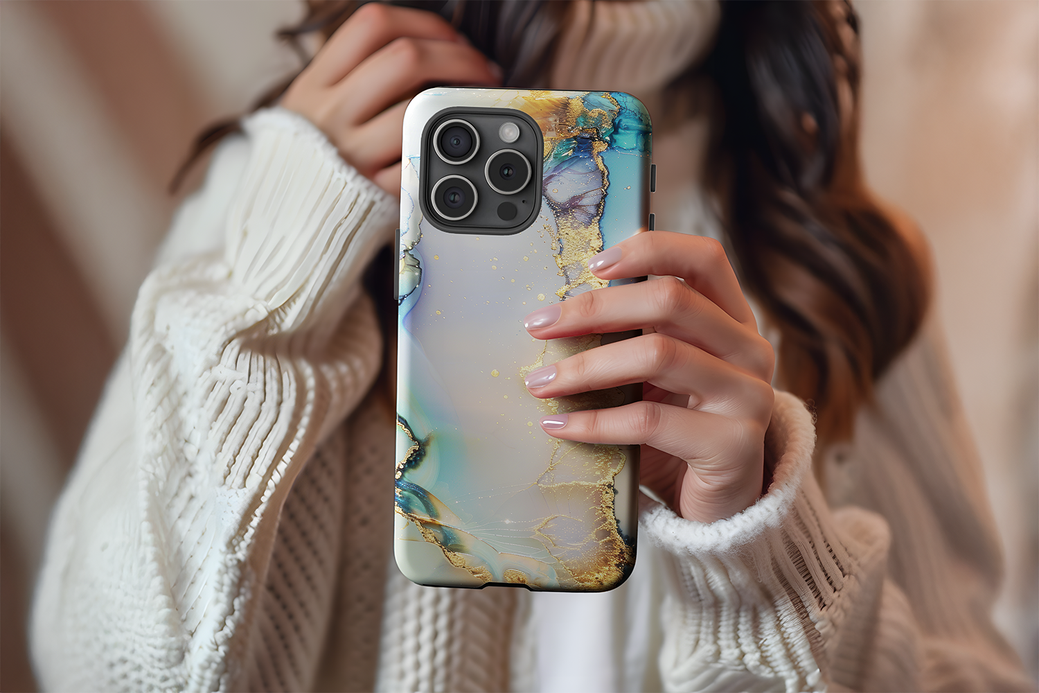 A cute girl holding our Opulent Marble design phone case