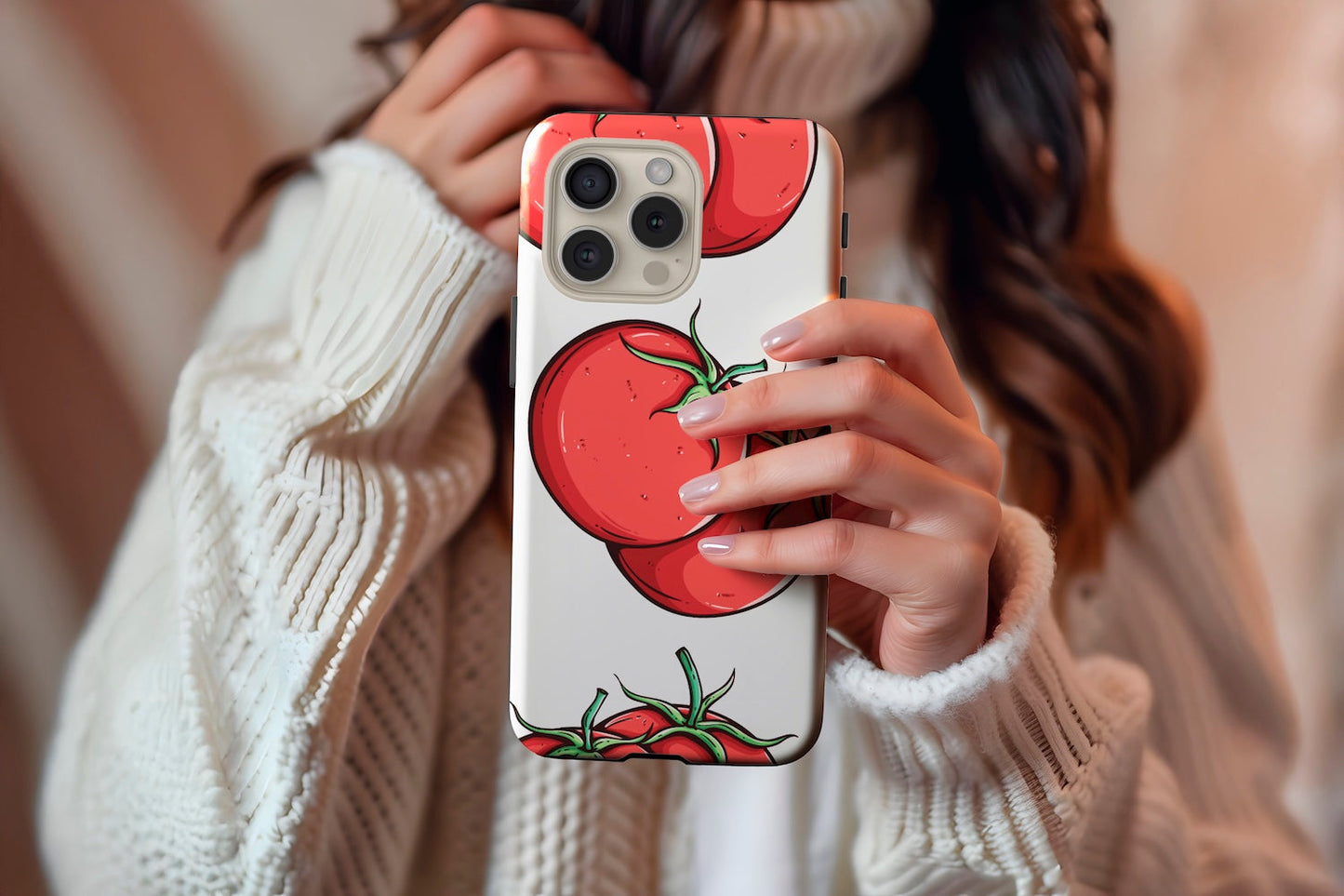 A cute girl holding our Tomatoes design phone case