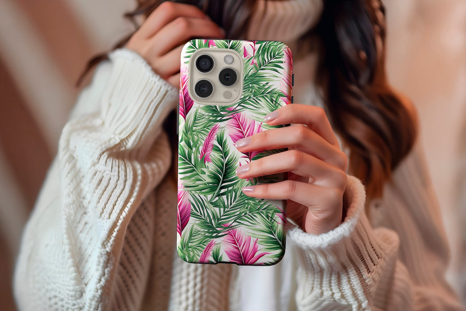 A cute girl holding our Tropical design phone case