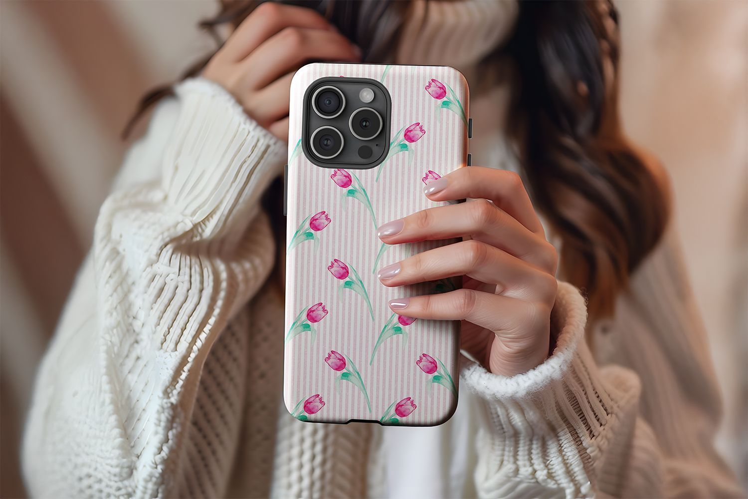A cute girl holding our Tulips design phone case