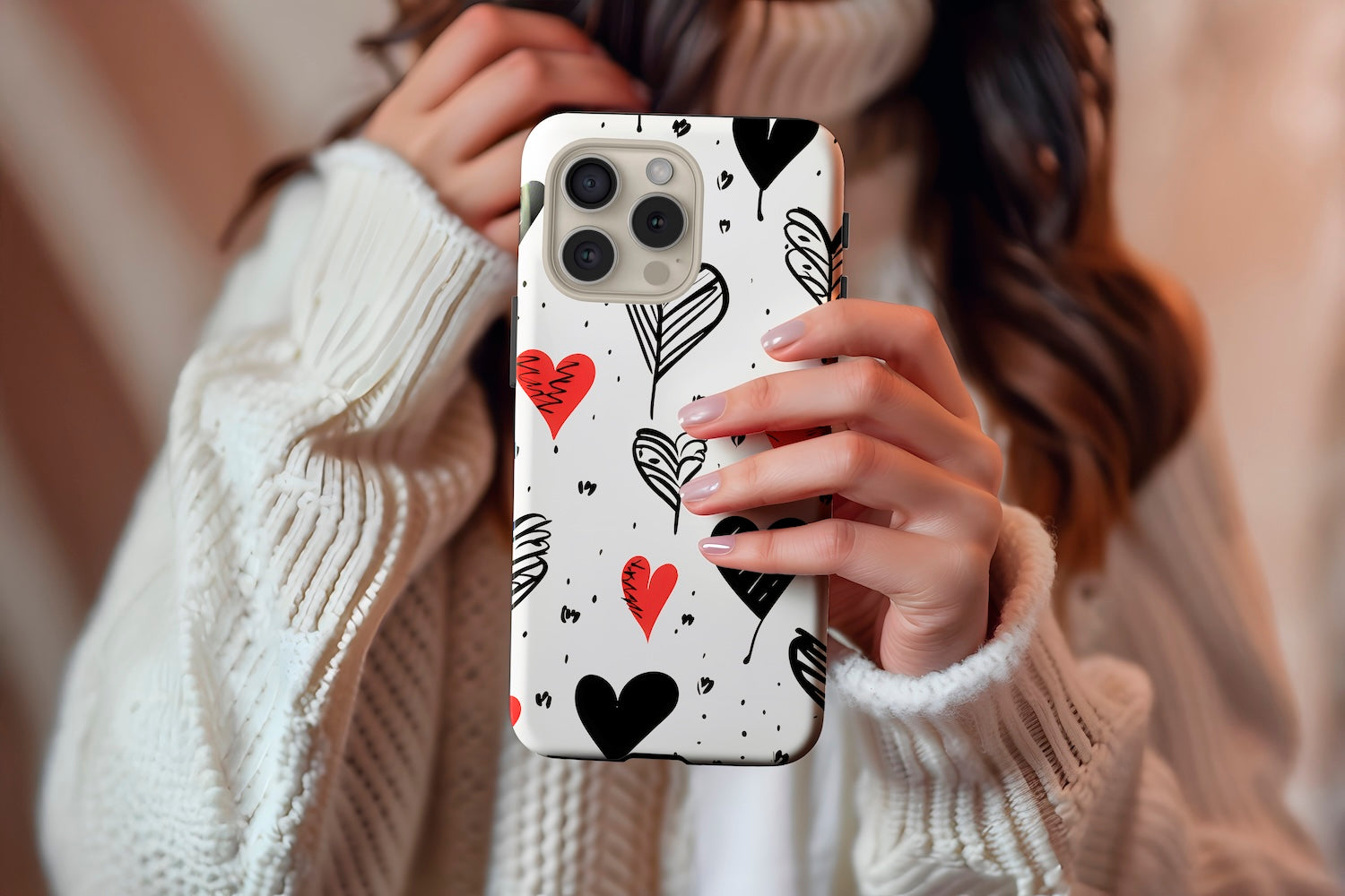 A cute girl holding our Vintage Hearts design phone case