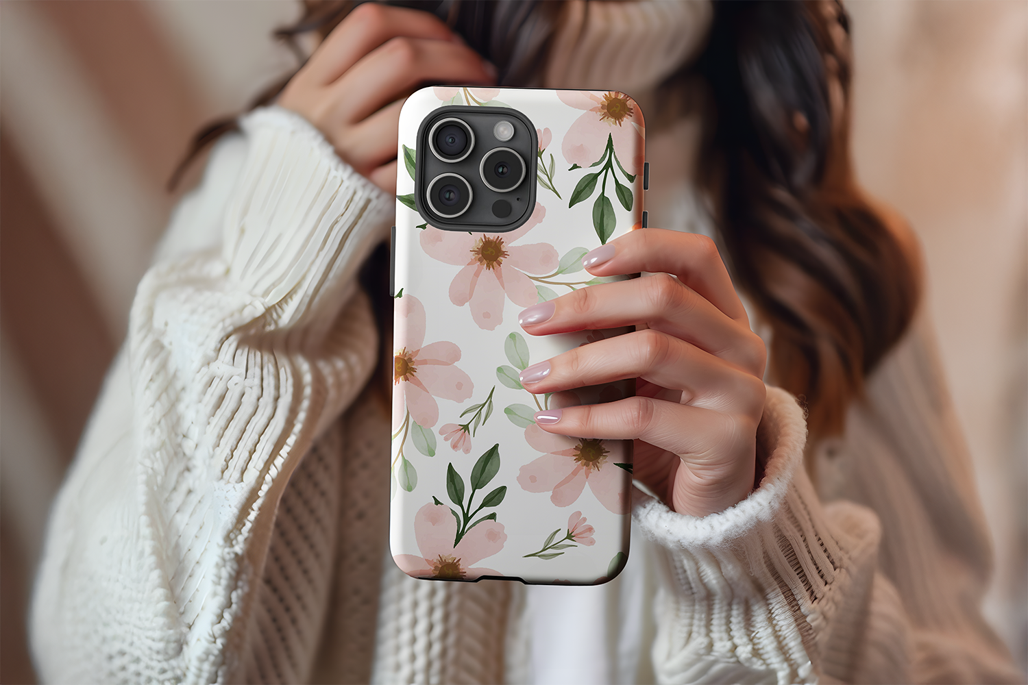 A cute girl holding our Watercolour Floral design phone case